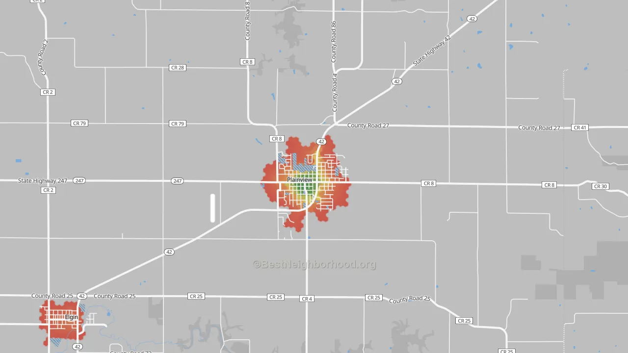 Walk Grade map of Plainview, MN, walkable areas in green and car-dependent areas in red