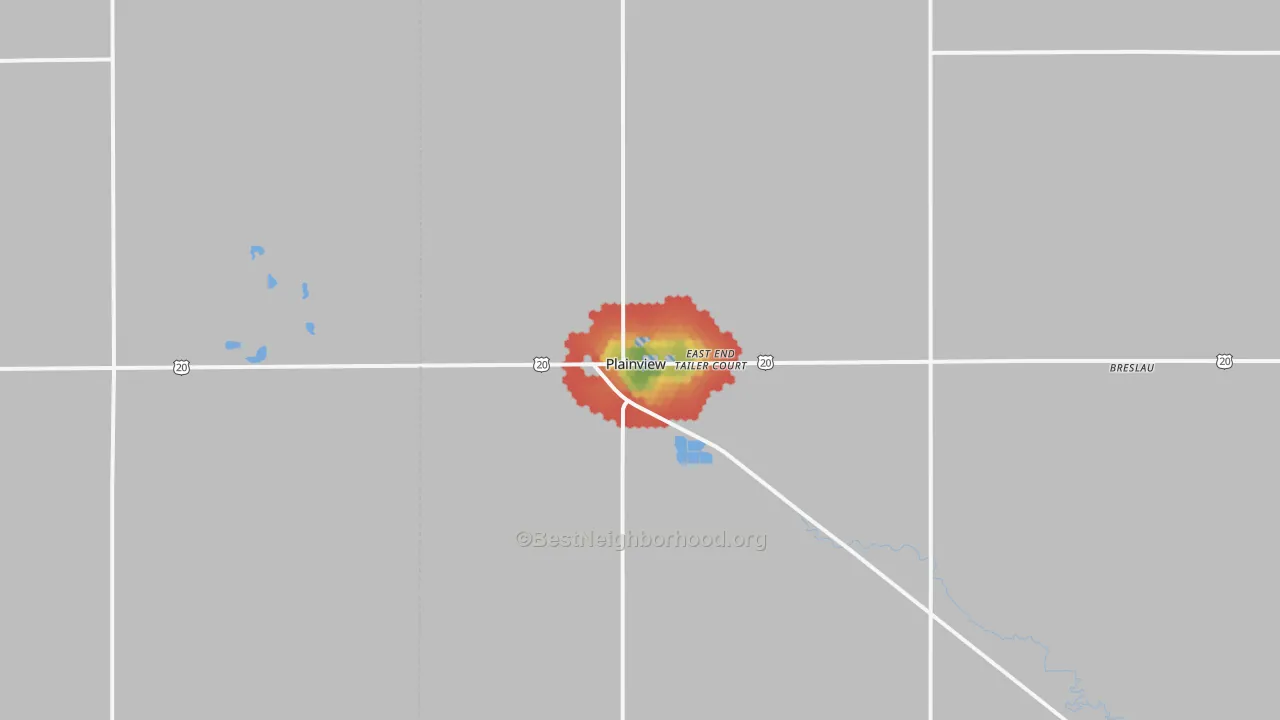 Walk Grade map of Plainview, NE, walkable areas in green and car-dependent areas in red