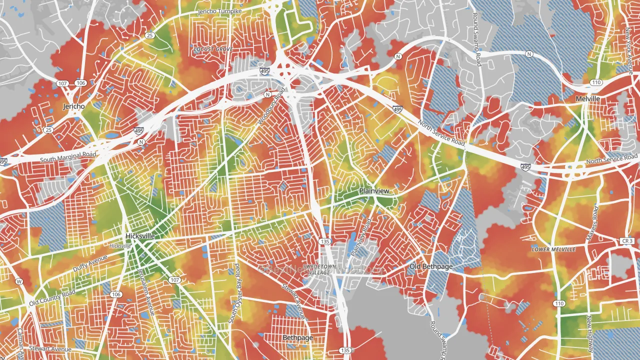 Walk Grade map of Plainview, NY, walkable areas in green and car-dependent areas in red