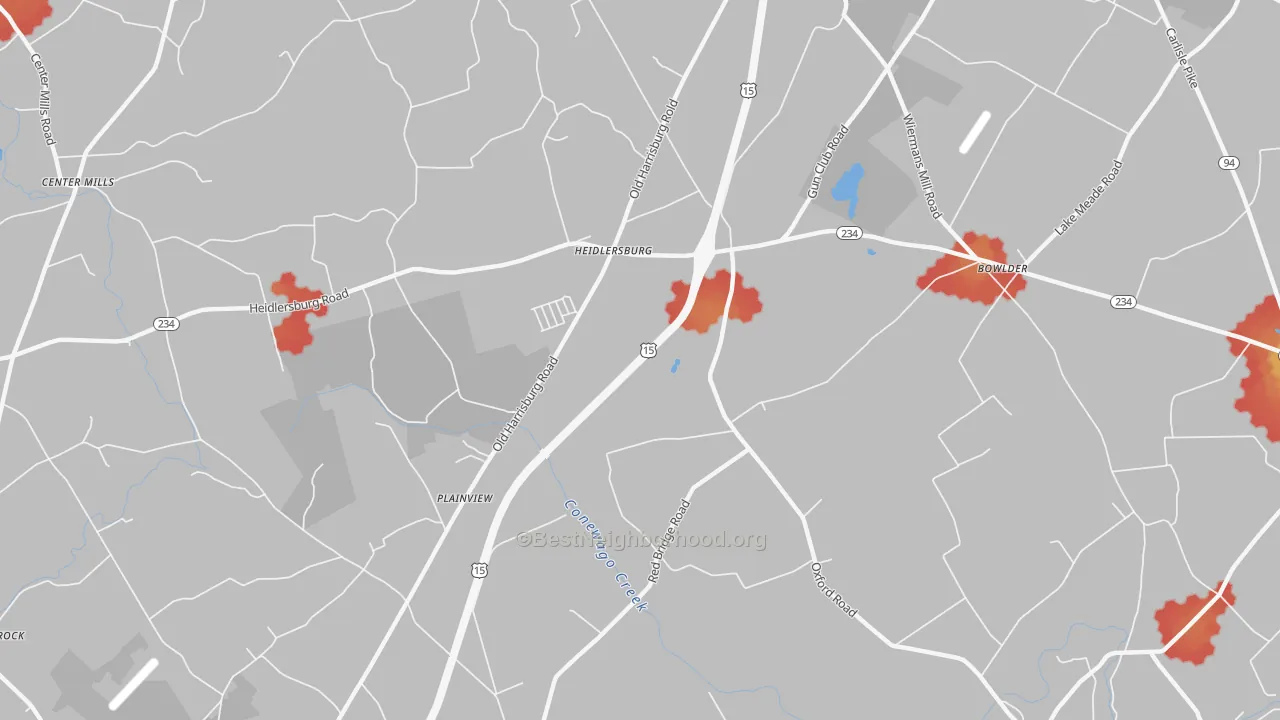 Walk Grade map of Plainview, PA, walkable areas in green and car-dependent areas in red