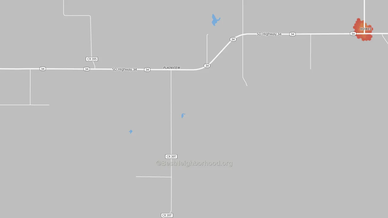 Walk Grade map of Plainview, SD, walkable areas in green and car-dependent areas in red