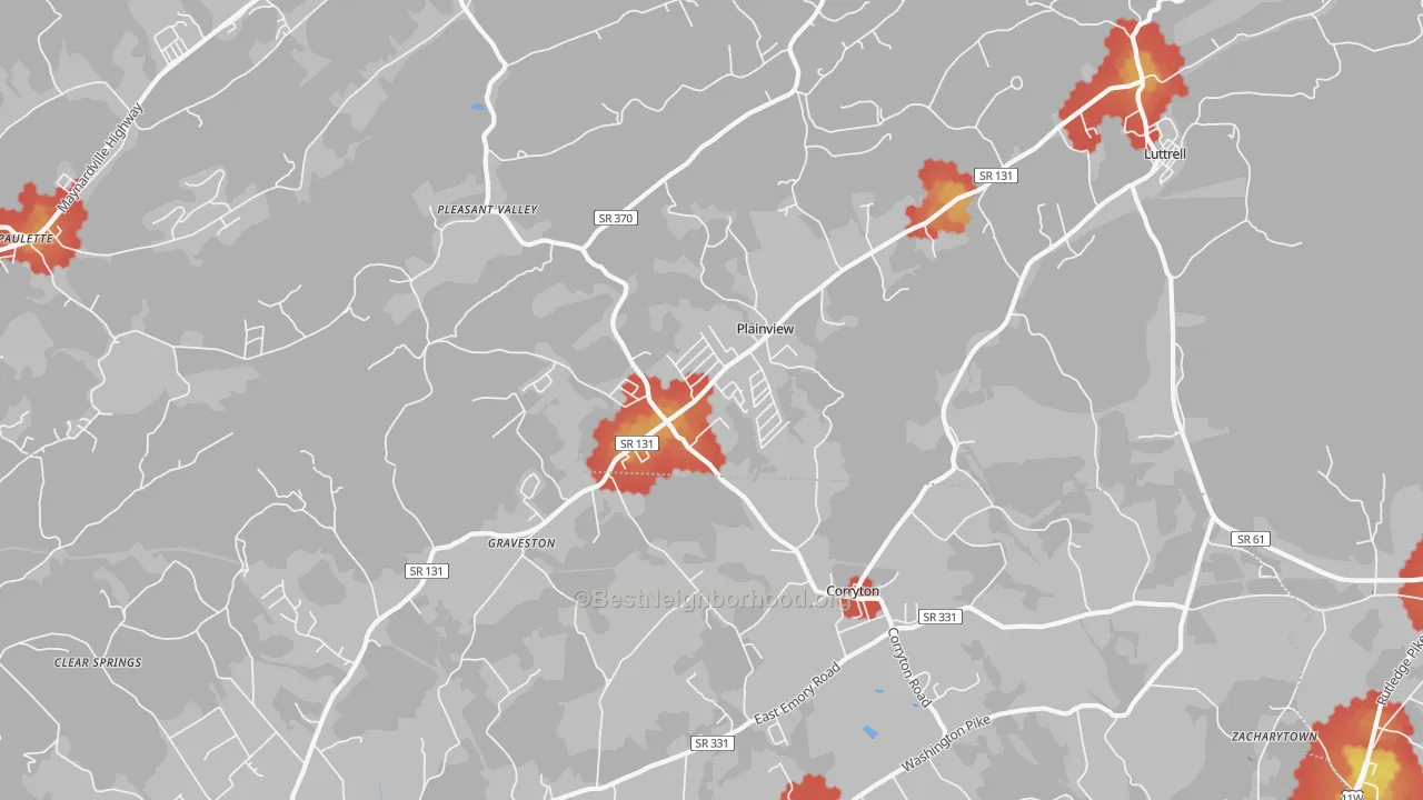 Walk Grade map of Plainview, TN, walkable areas in green and car-dependent areas in red