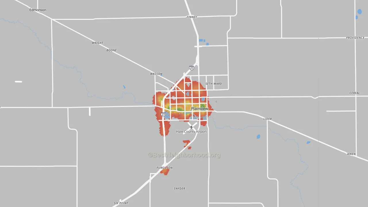 Walk Grade map of Plainview, TX, walkable areas in green and car-dependent areas in red
