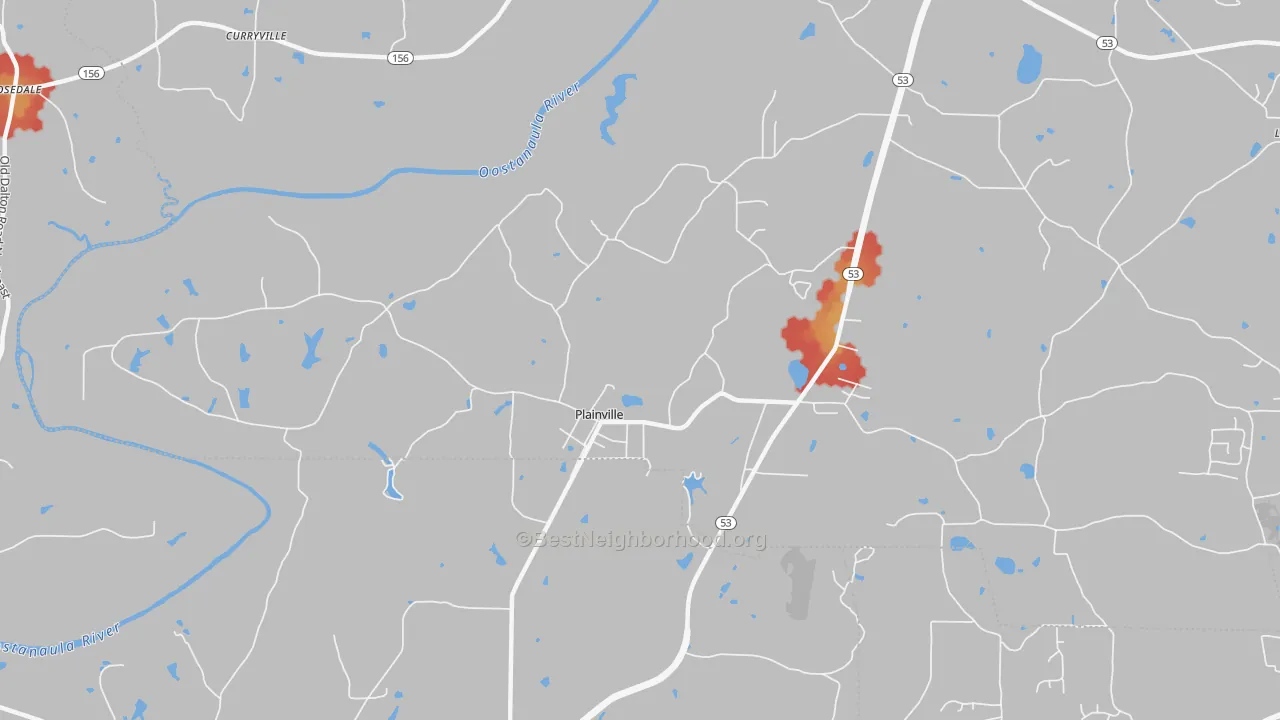 Walk Grade map of Plainville, GA, walkable areas in green and car-dependent areas in red