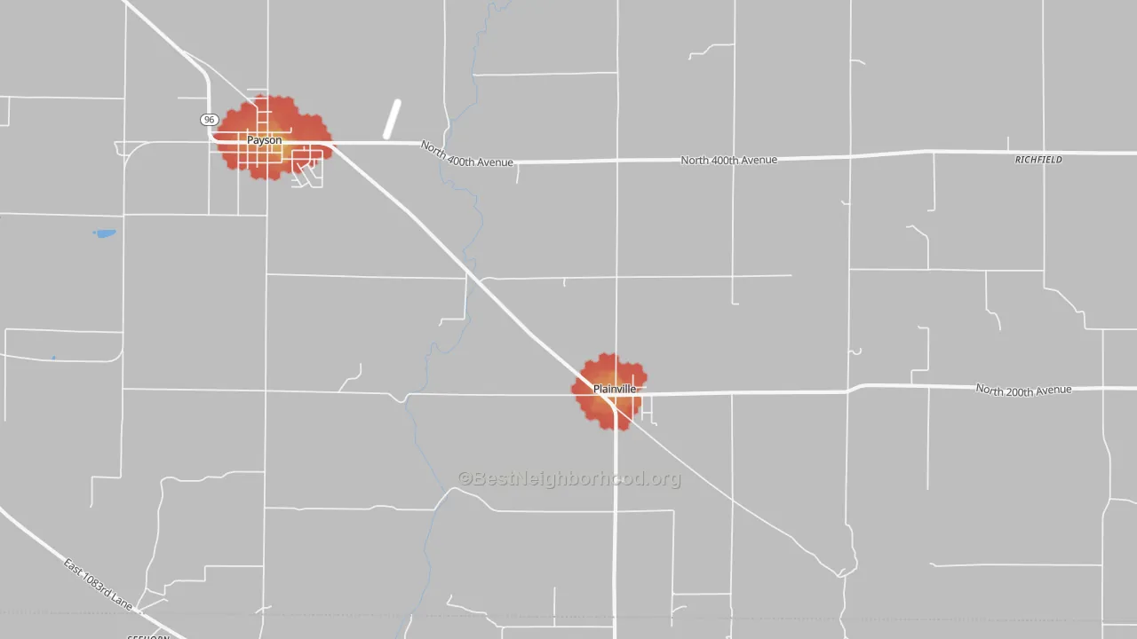 Walk Grade map of Plainville, IL, walkable areas in green and car-dependent areas in red