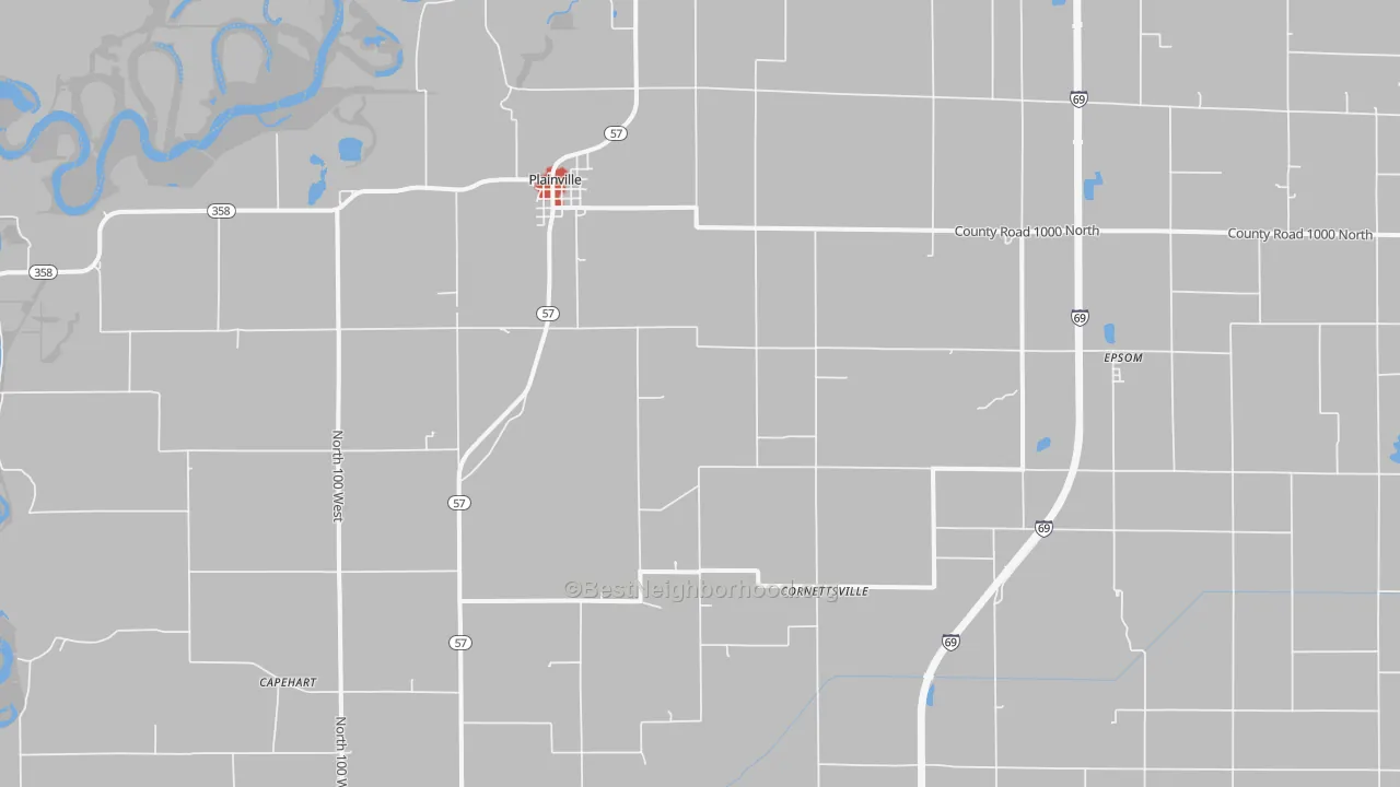 Walk Grade map of Plainville, IN, walkable areas in green and car-dependent areas in red