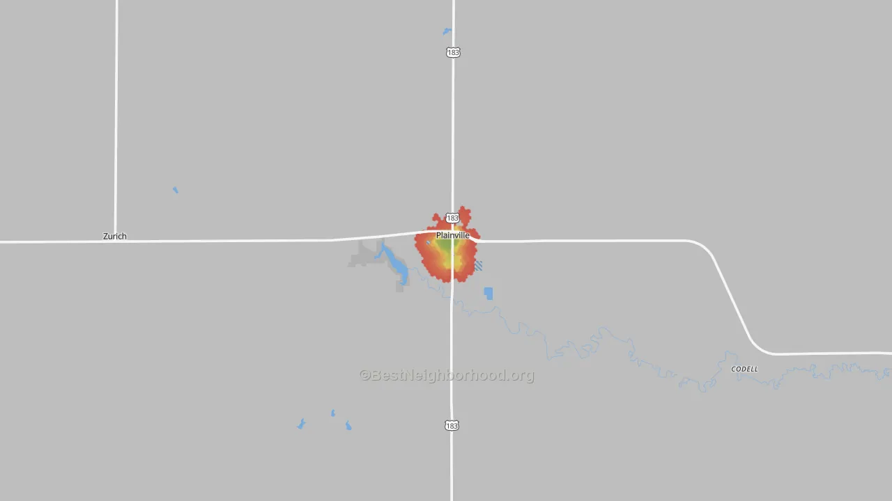 Walk Grade map of Plainville, KS, walkable areas in green and car-dependent areas in red