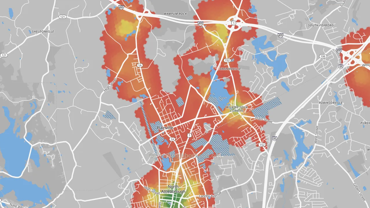 Walk Grade map of Plainville, MA, walkable areas in green and car-dependent areas in red