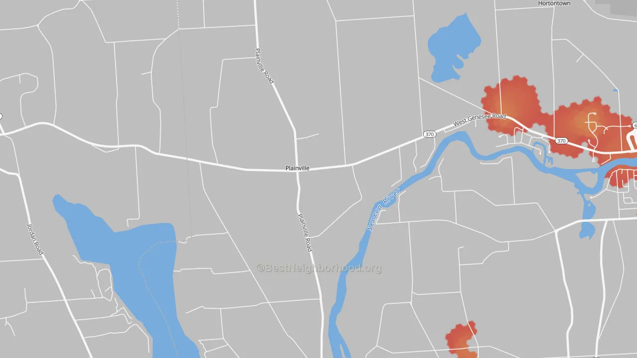 Walk Grade map of Plainville, NY, walkable areas in green and car-dependent areas in red