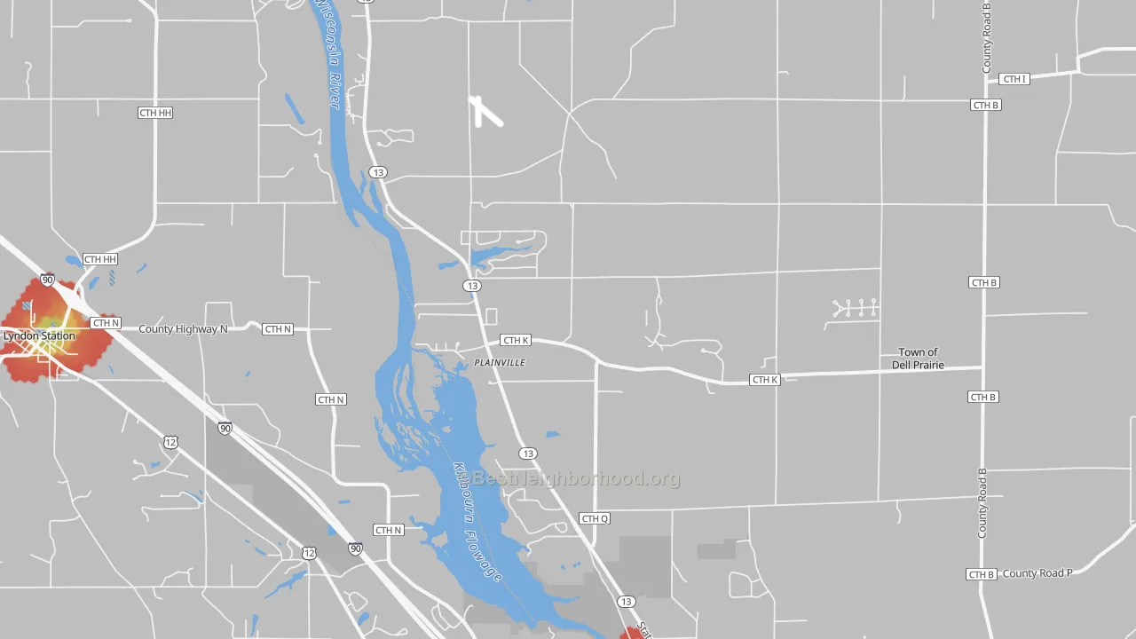 Walk Grade map of Plainville, WI, walkable areas in green and car-dependent areas in red