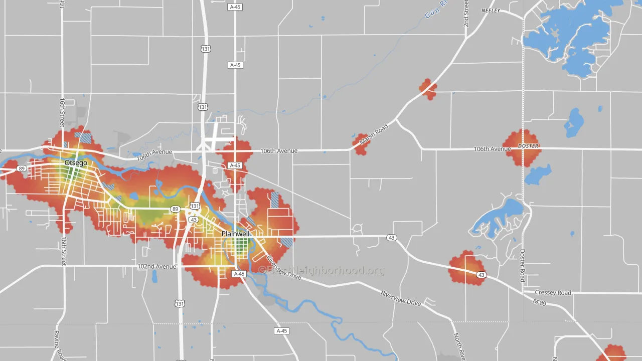 Walk Grade map of Plainwell, MI, walkable areas in green and car-dependent areas in red