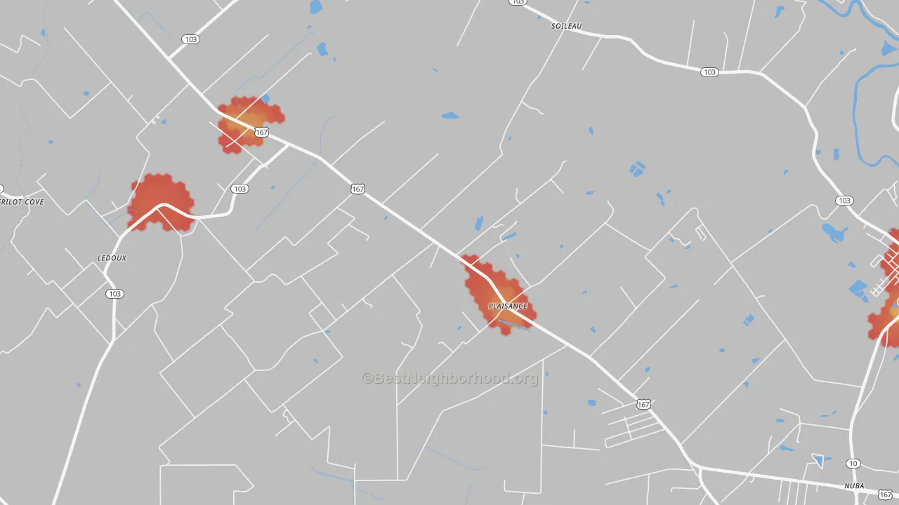 Walk Grade map of Plaisance, LA, walkable areas in green and car-dependent areas in red