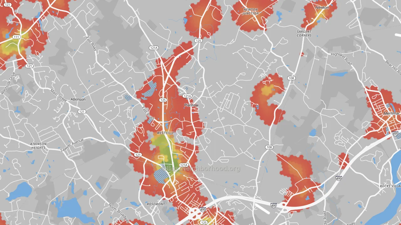 Walk Grade map of Plaistow, NH, walkable areas in green and car-dependent areas in red