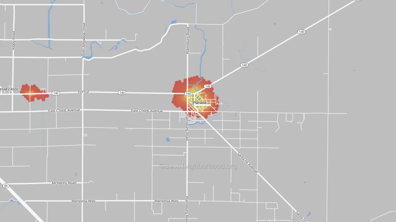 Walk Grade map of Planada, CA, walkable areas in green and car-dependent areas in red