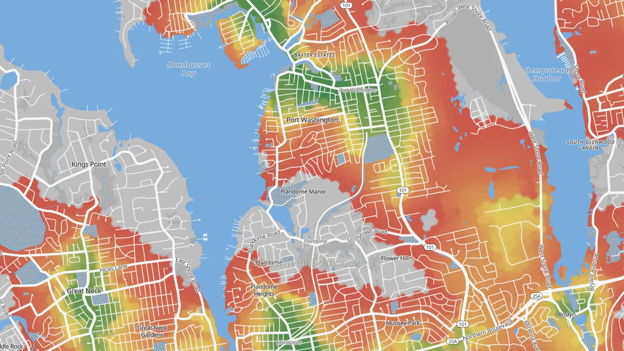 Walk Grade map of Plandome Manor, NY, walkable areas in green and car-dependent areas in red