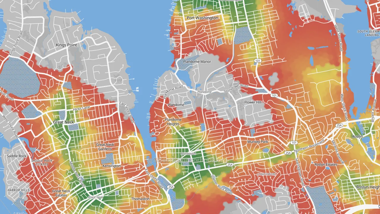 Walk Grade map of Plandome, NY, walkable areas in green and car-dependent areas in red