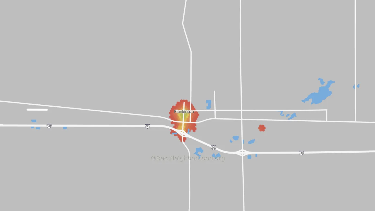 Walk Grade map of Plankinton, SD, walkable areas in green and car-dependent areas in red