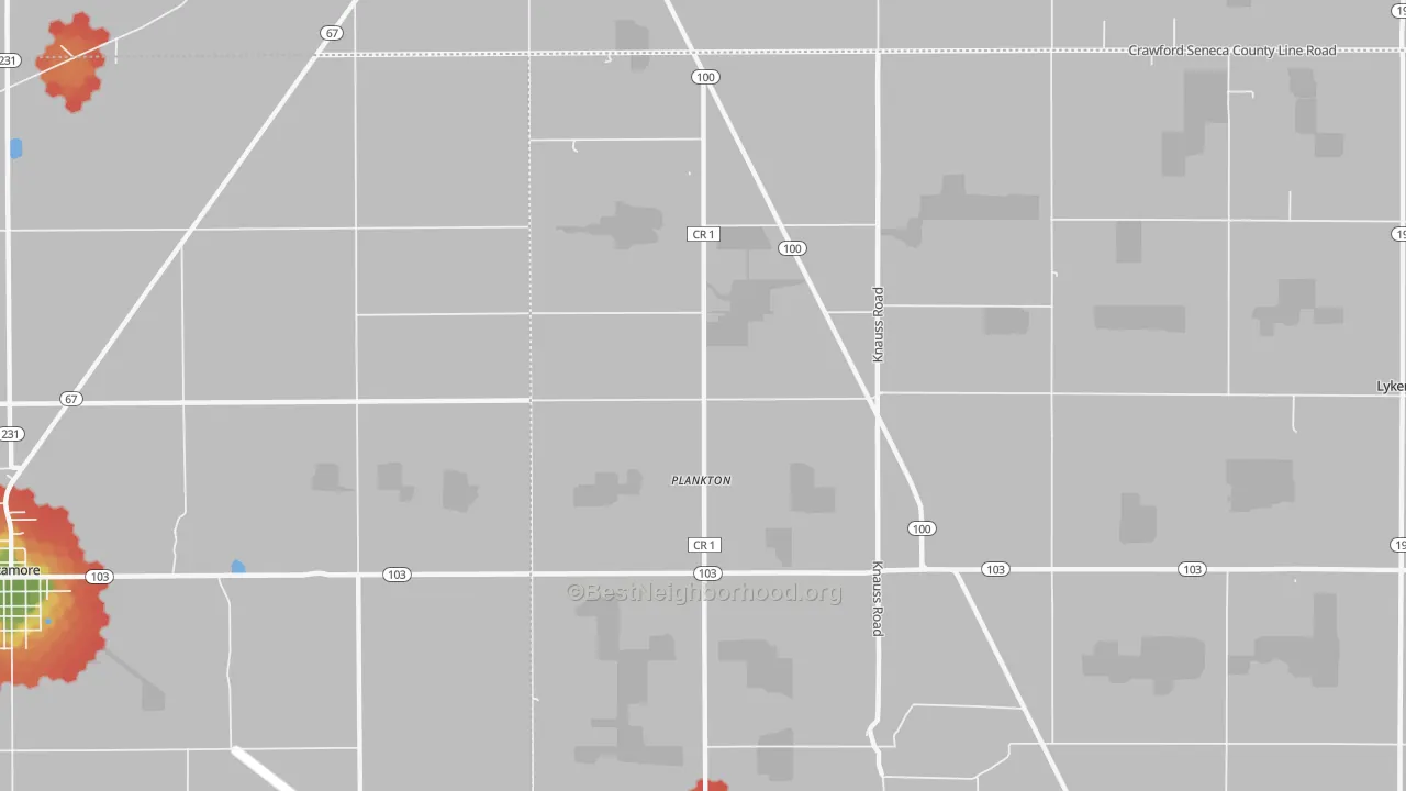 Walk Grade map of Plankton, OH, walkable areas in green and car-dependent areas in red
