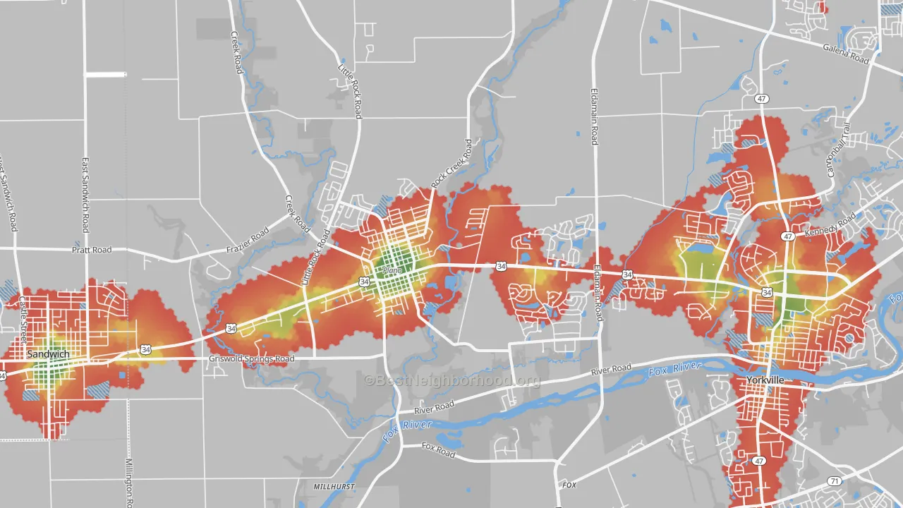 Walk Grade map of Plano, IL, walkable areas in green and car-dependent areas in red