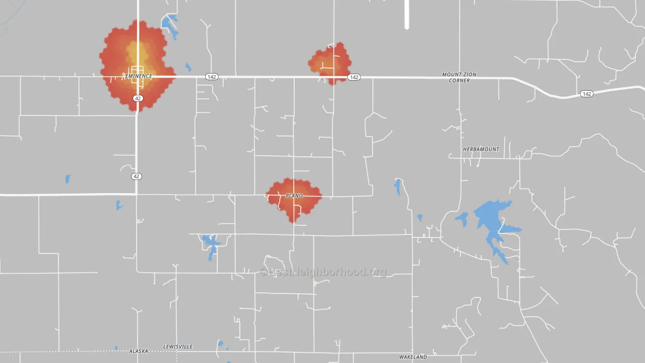 Walk Grade map of Plano, IN, walkable areas in green and car-dependent areas in red
