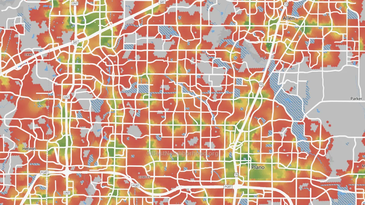 Walk Grade map of Plano, TX, walkable areas in green and car-dependent areas in red