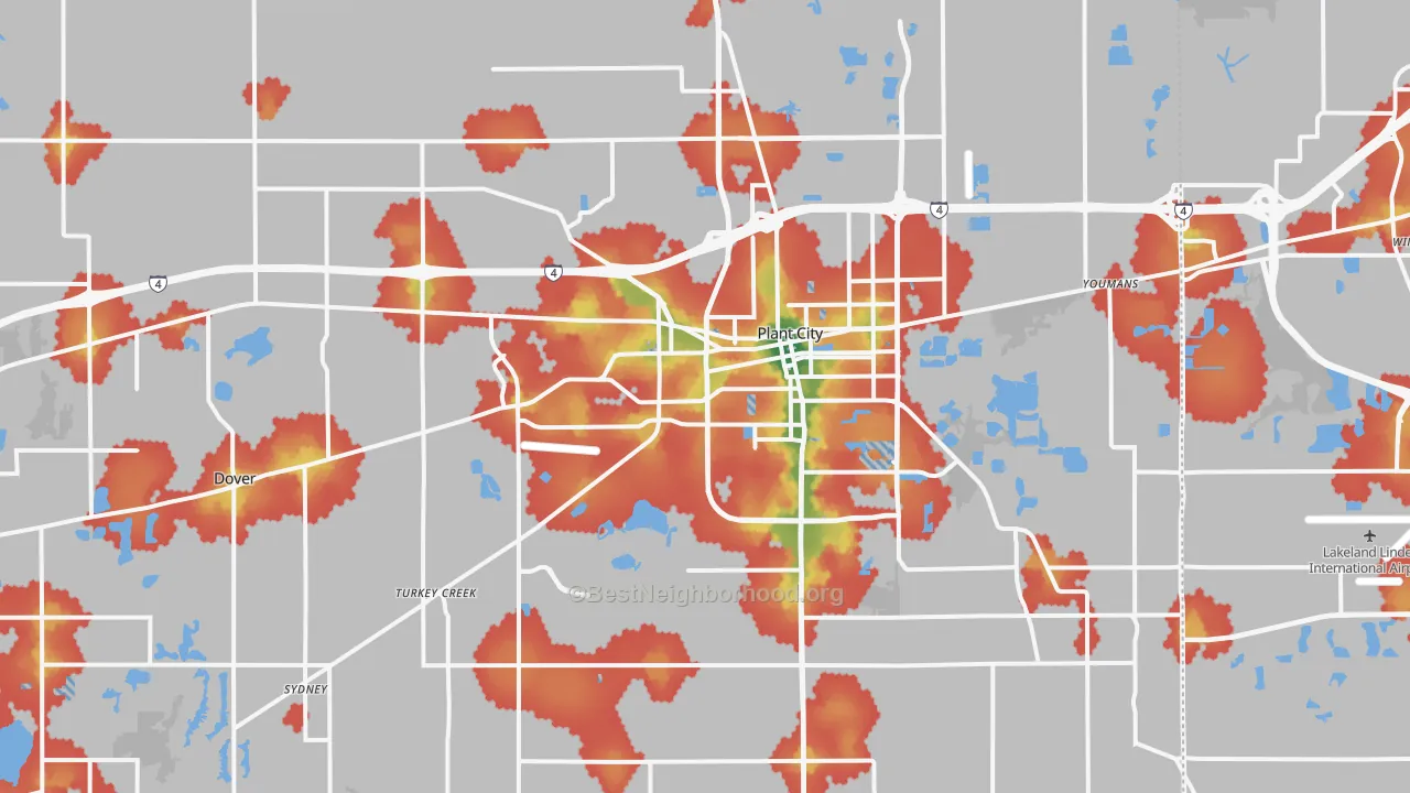 Walk Grade map of Plant City, FL, walkable areas in green and car-dependent areas in red