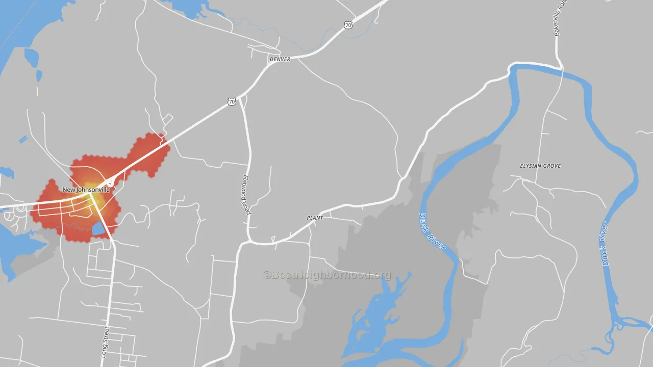 Walk Grade map of Plant, TN, walkable areas in green and car-dependent areas in red