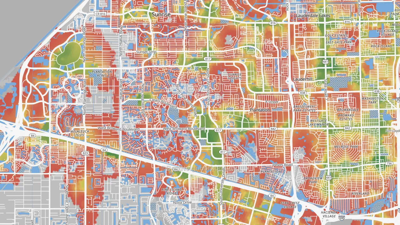 Walk Grade map of Plantation, FL, walkable areas in green and car-dependent areas in red