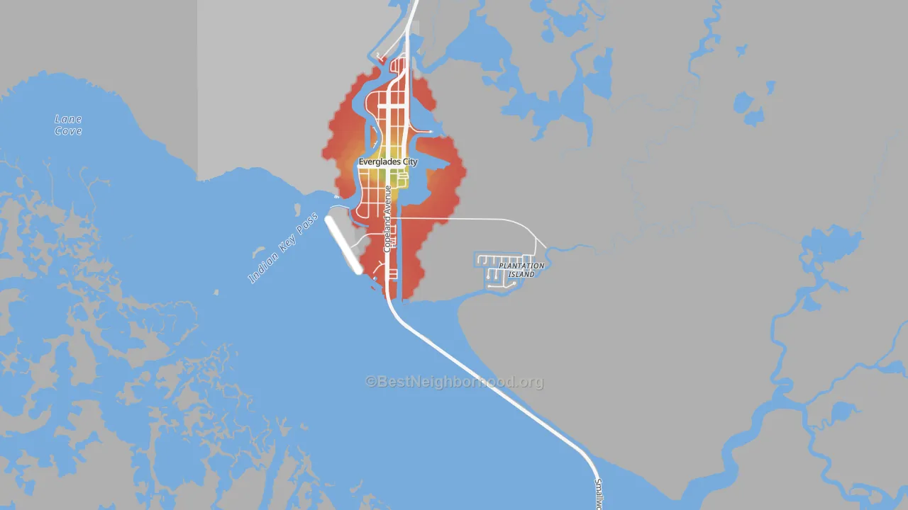 Walk Grade map of Plantation Island, FL, walkable areas in green and car-dependent areas in red