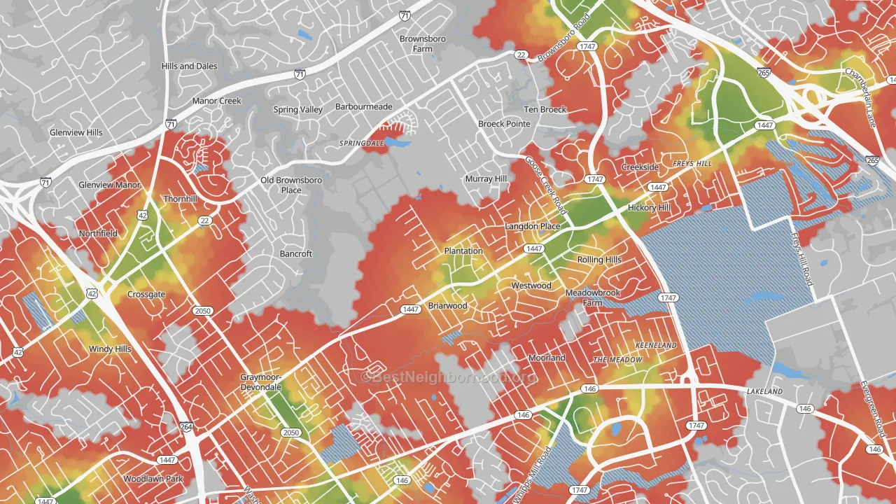 Walk Grade map of Plantation, KY, walkable areas in green and car-dependent areas in red
