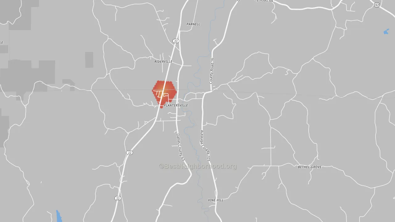 Walk Grade map of Plantersville, AL, walkable areas in green and car-dependent areas in red