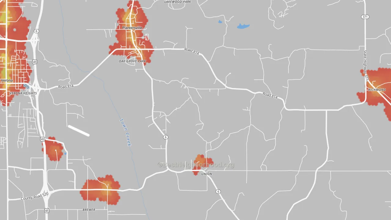 Walk Grade map of Plantersville, MS, walkable areas in green and car-dependent areas in red