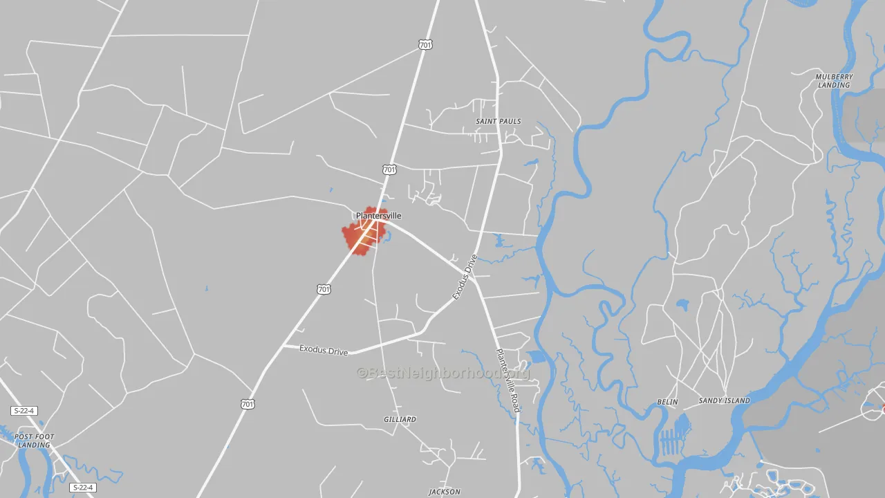 Walk Grade map of Plantersville, SC, walkable areas in green and car-dependent areas in red
