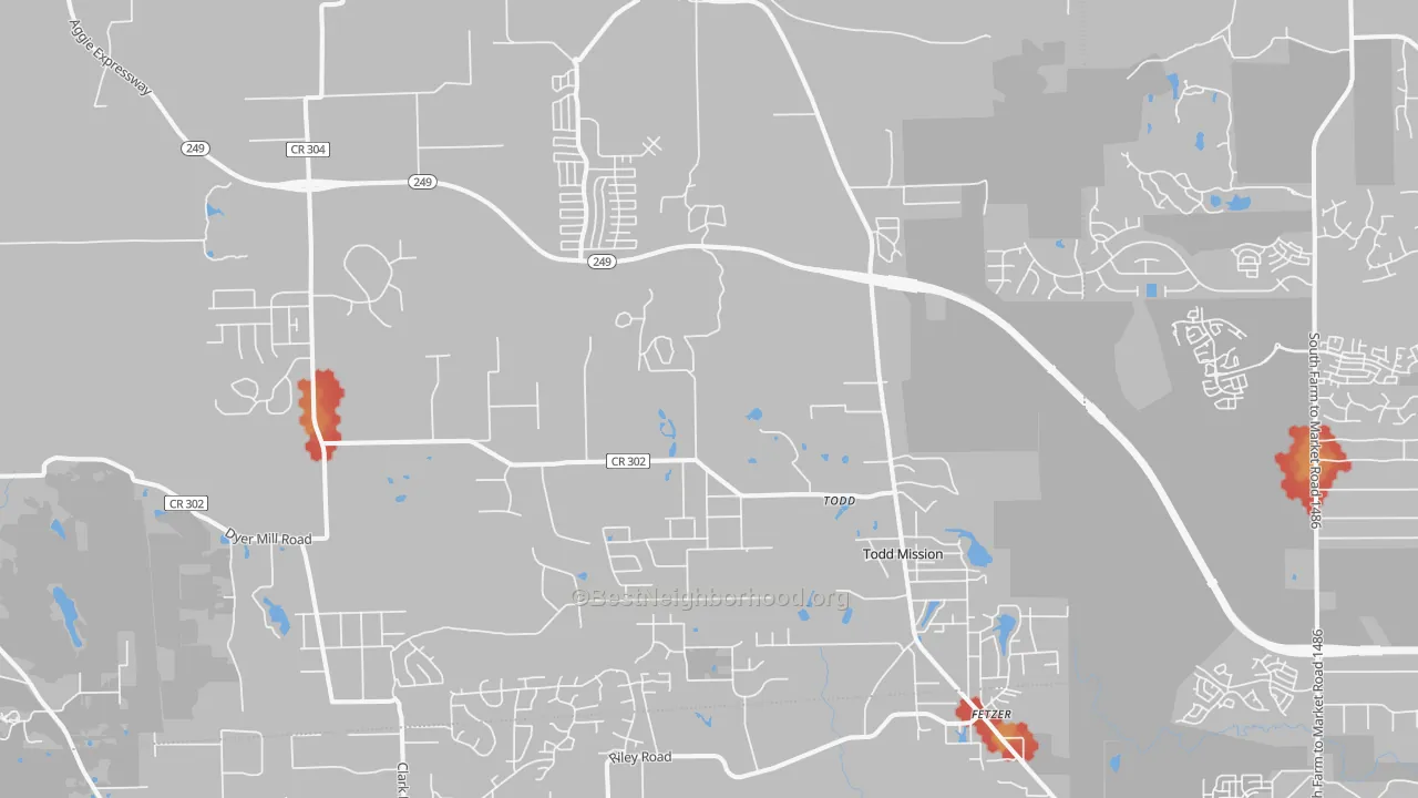 Walk Grade map of Plantersville, TX, walkable areas in green and car-dependent areas in red
