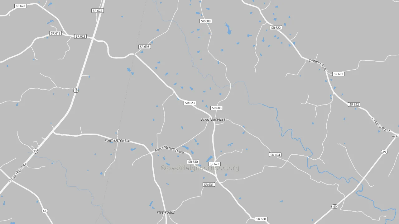 Walk Grade map of Plantersville, VA, walkable areas in green and car-dependent areas in red