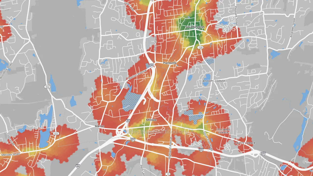 Walk Grade map of Plantsville, CT, walkable areas in green and car-dependent areas in red