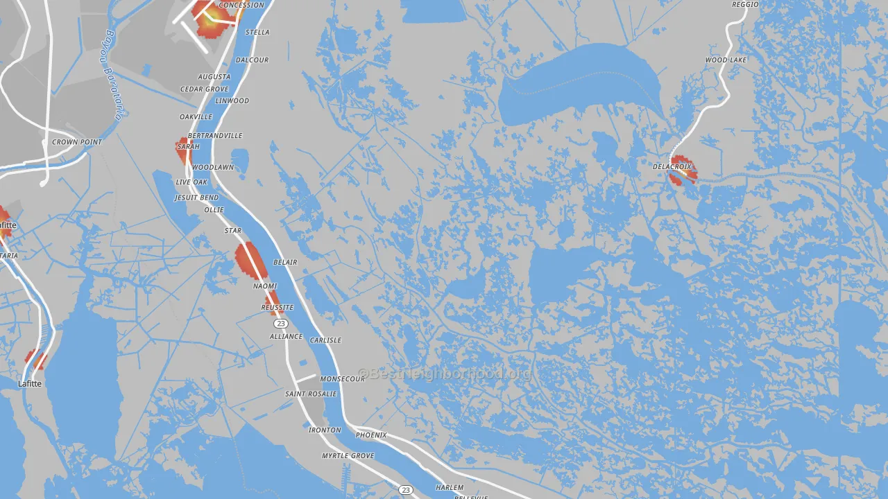 Walk Grade map of Plaquemines Parish, LA, walkable areas in green and car-dependent areas in red