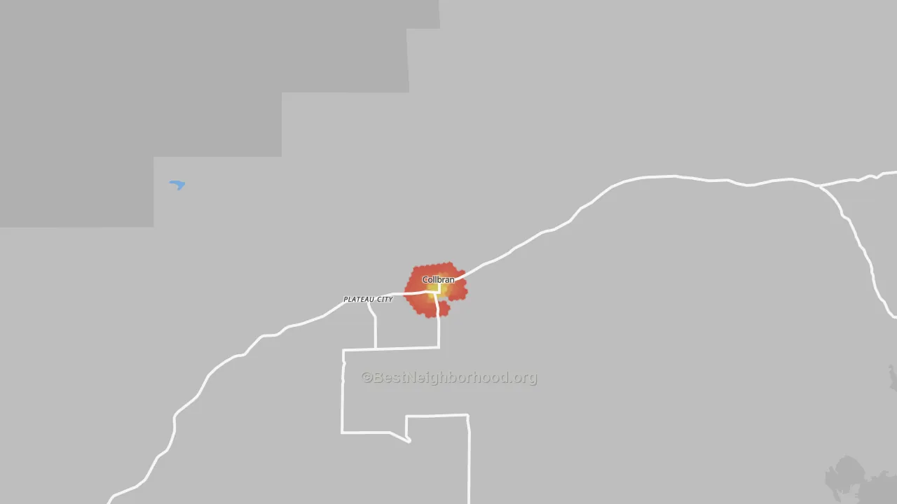Walk Grade map of Plateau City, CO, walkable areas in green and car-dependent areas in red