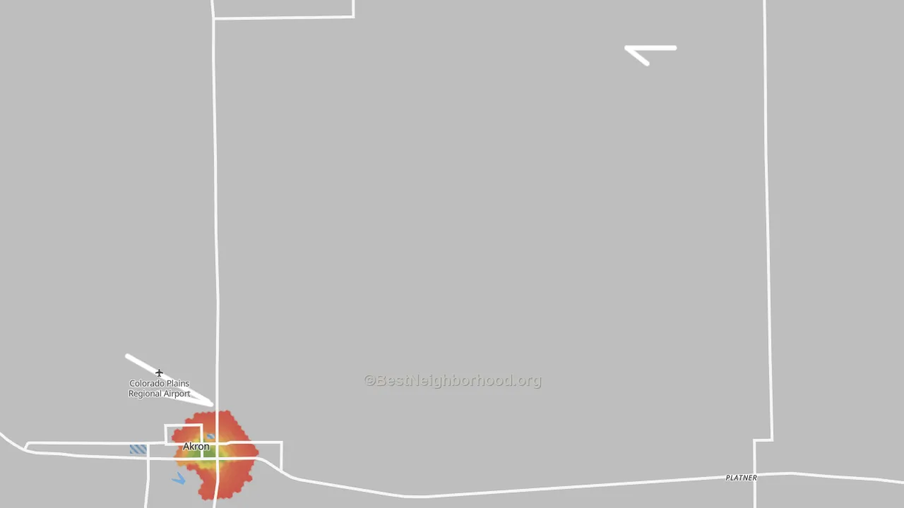 Walk Grade map of Platner, CO, walkable areas in green and car-dependent areas in red