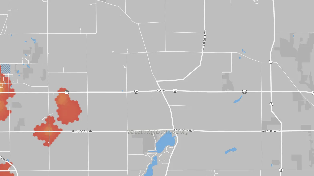 Walk Grade map of Plato, IN, walkable areas in green and car-dependent areas in red