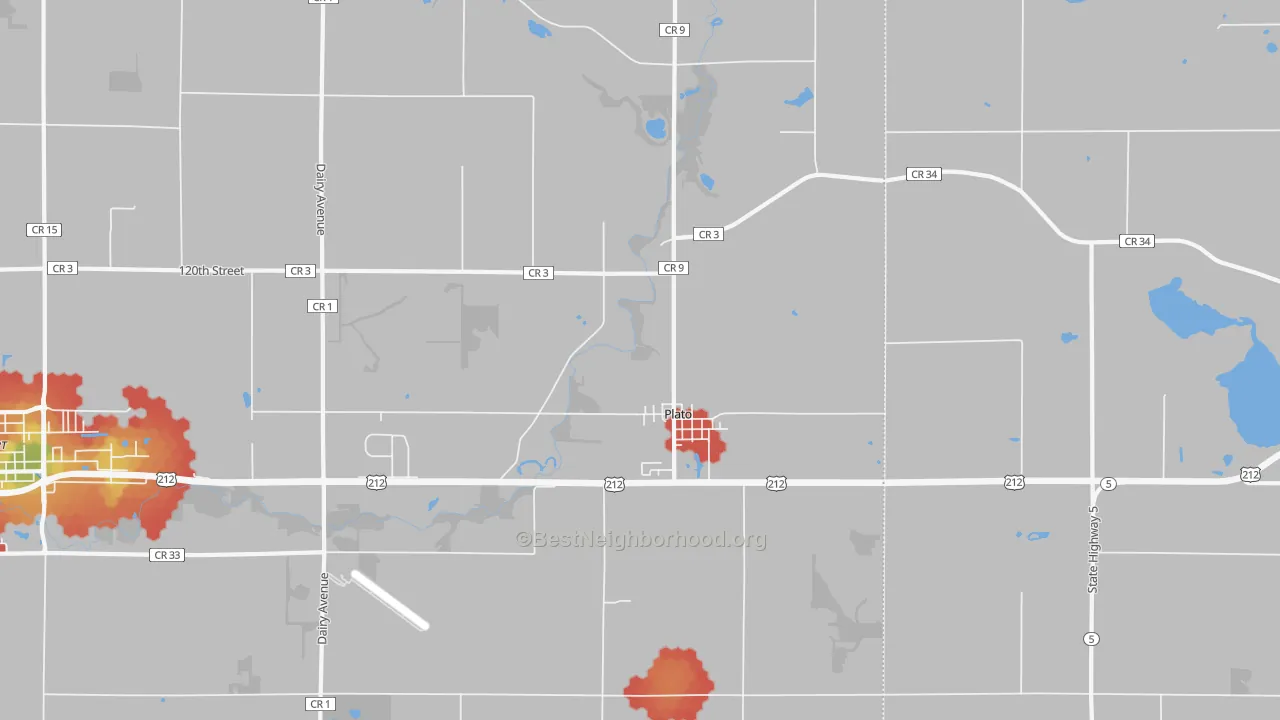 Walk Grade map of Plato, MN, walkable areas in green and car-dependent areas in red