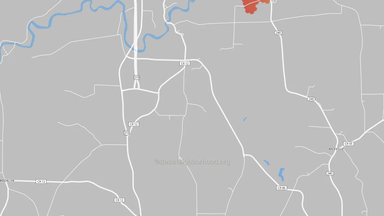 Walk Grade map of Plato, NY, walkable areas in green and car-dependent areas in red
