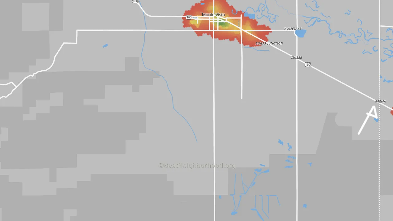 Walk Grade map of Platoro, CO, walkable areas in green and car-dependent areas in red