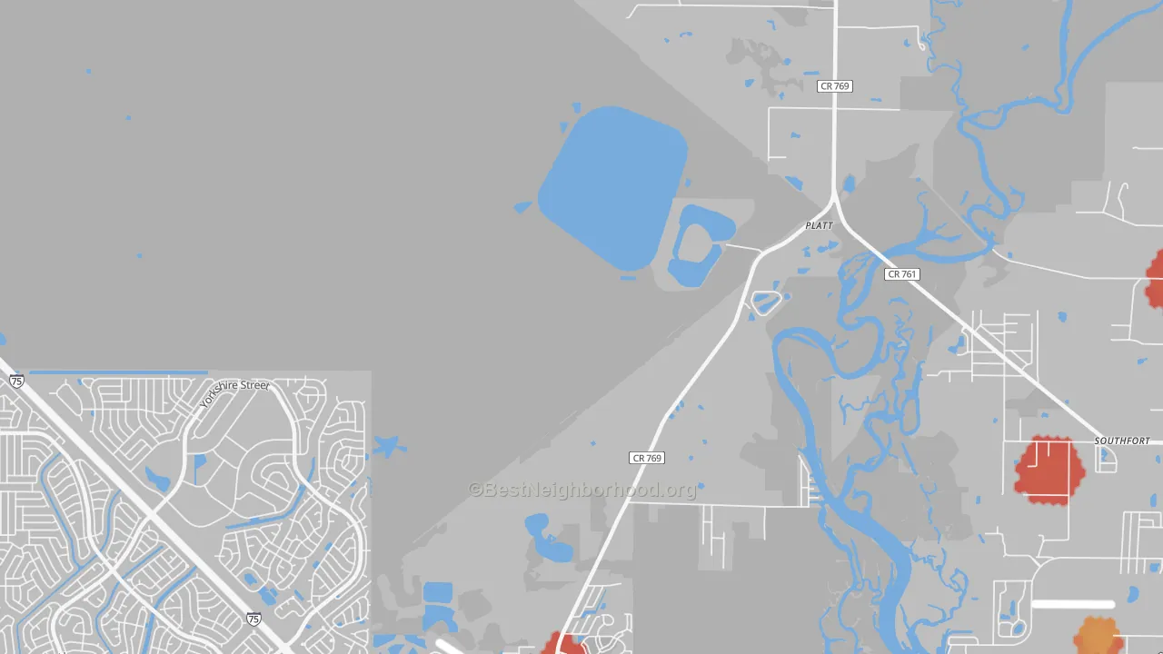 Walk Grade map of Platt, FL, walkable areas in green and car-dependent areas in red