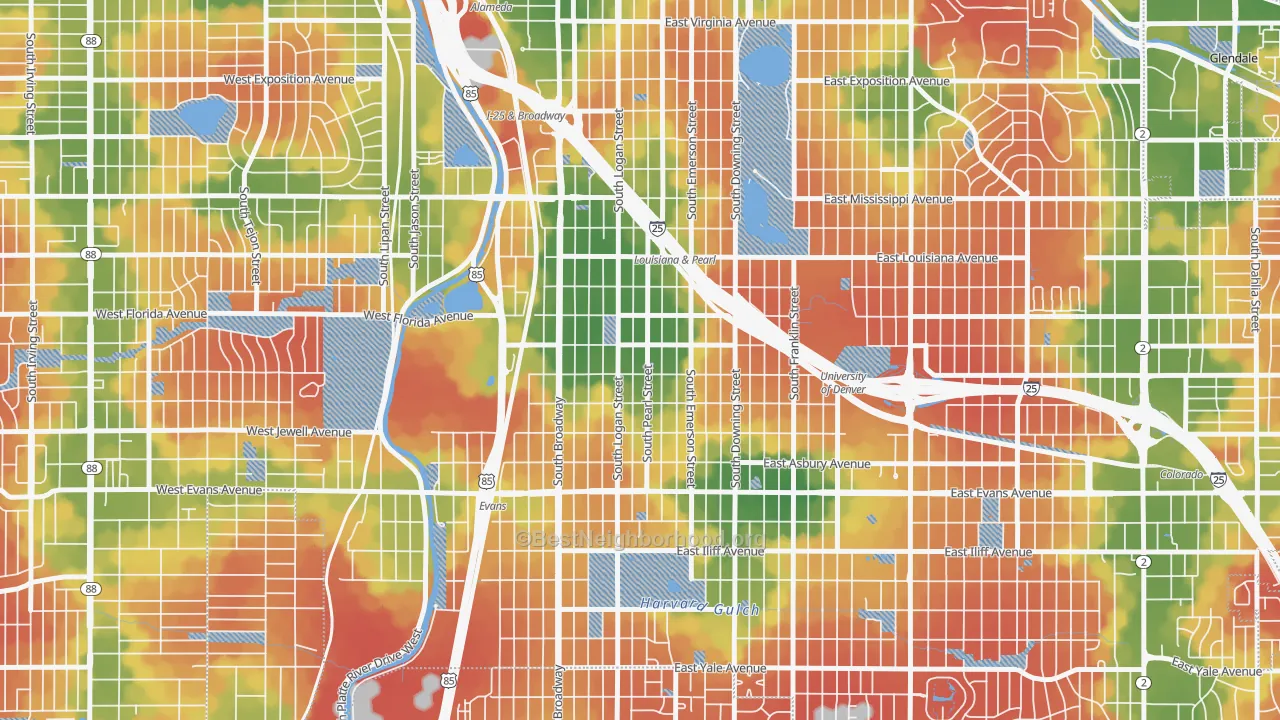 Walk Grade map of Platt Park, Denver, CO, walkable areas in green and car-dependent areas in red