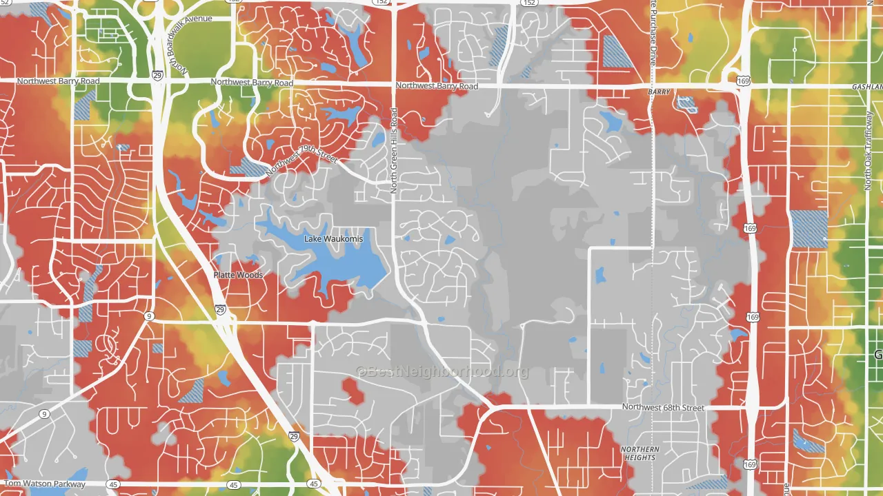 Walk Grade map of Platte Brook North, Kansas City, MO, walkable areas in green and car-dependent areas in red