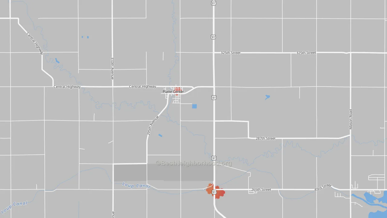 Walk Grade map of Platte Center, NE, walkable areas in green and car-dependent areas in red