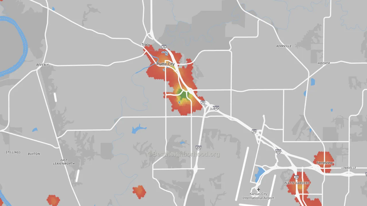 Walk Grade map of Platte City, MO, walkable areas in green and car-dependent areas in red