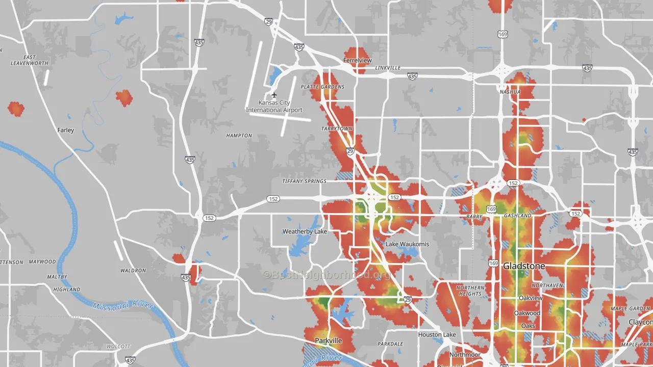Walk Grade map of Platte County, MO, walkable areas in green and car-dependent areas in red