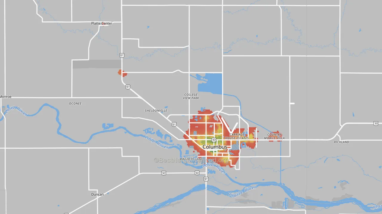 Walk Grade map of Platte County, NE, walkable areas in green and car-dependent areas in red